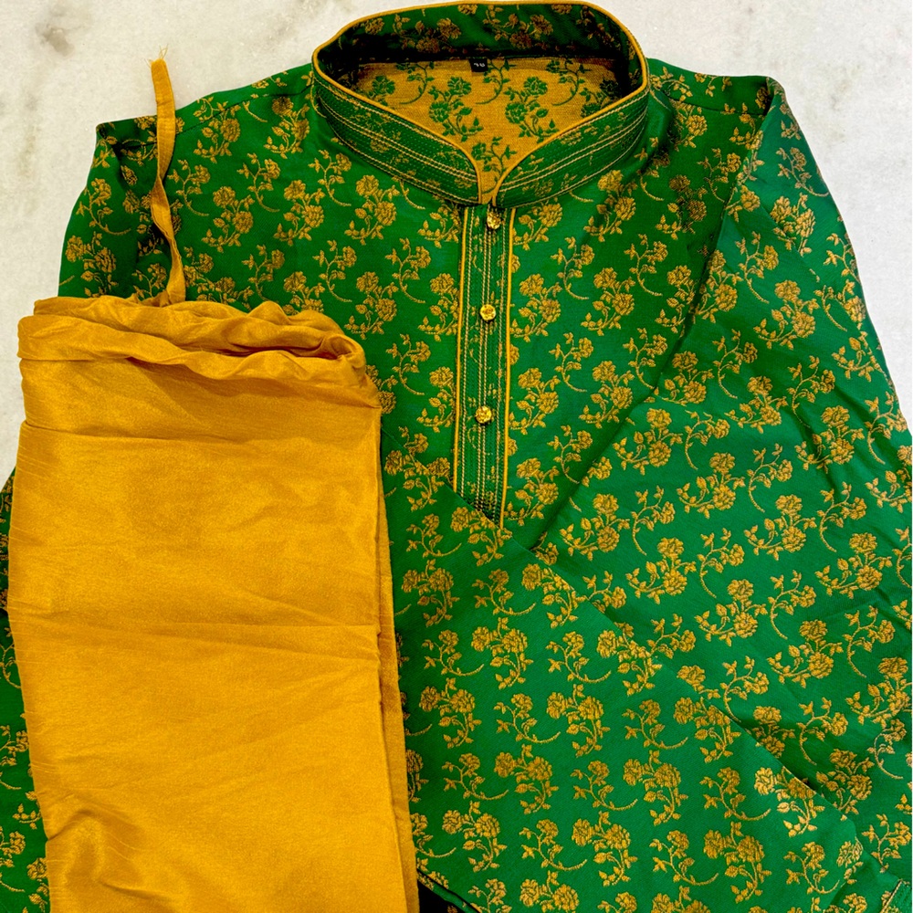 Green & Gold Silk Kurta Set With Intricate Pattern and Matching Gold Pants